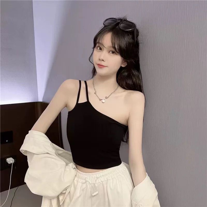 Victoria Tanktop Terbaru Asimetris One Shoulder Atasan Wanita Crop Korean Look Double Tali Kecil 1094