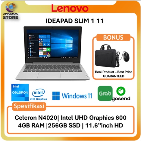 LENOVO IDEAPAD SLIM 1 INTEL N4020 RAM 4GB 256SSD WIN11 11.6 HD GREY