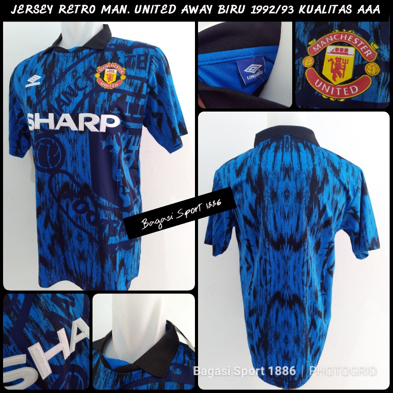 Jersey Bola Baju Man Unaited Mancester Uniteeed Retro Lawas Away Kit Tandang Biru 1992 1993 eMU 92 9