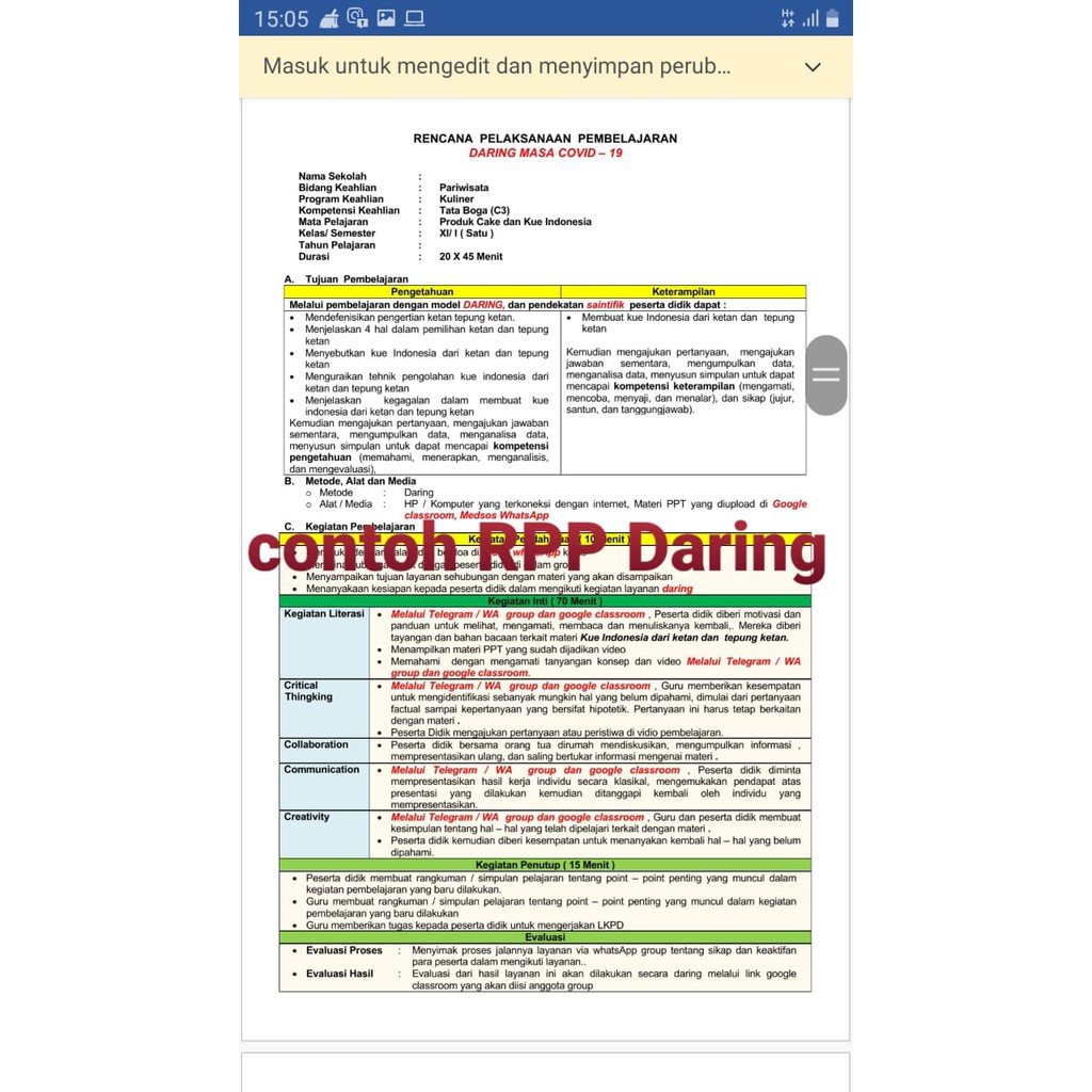 RPP 1 lembar daring dan Luring/tatap muka, Tata Boga Pengetahuan Bahan Makanan Kelas X, 2Semester