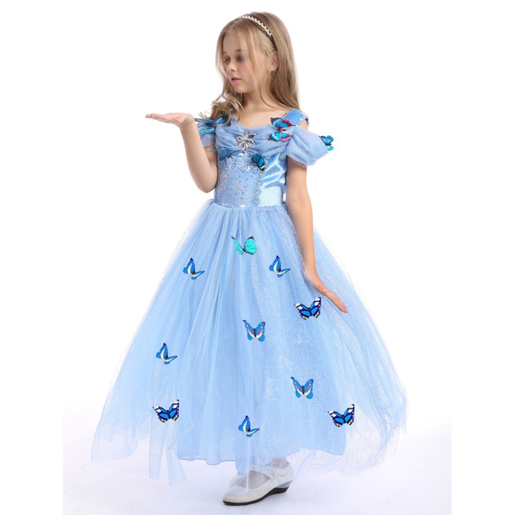 DRESS PRINCESS CINDERELLA BUTTERFLY IMPORT / KOSTUM PRINCES CINDERELLA ANAK BLUE LENGAN PANJANG