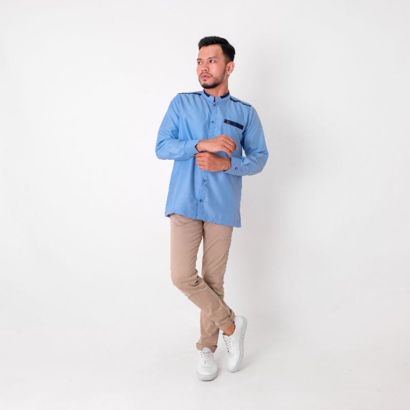 ANR Fadillah03 - Kemeja koko Pakaian Muslim Pria Atasan Muslim kemko Lengan Panjang blue Denim