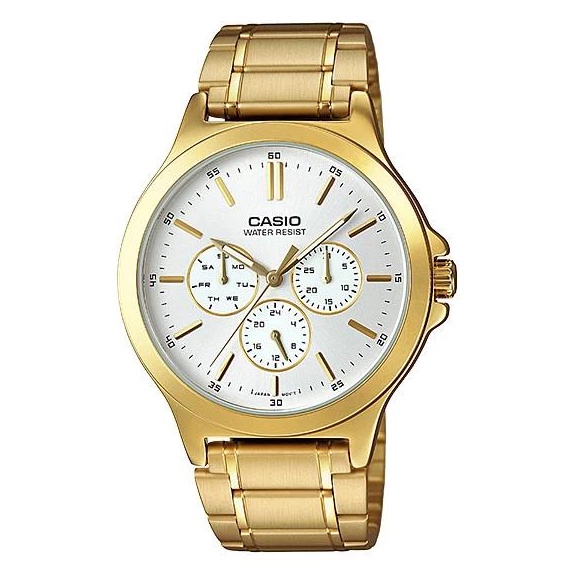 JAM TANGAN RANTAI PRIA / WANITA  CASIO MTP V300D ANALOG QUARTZ GROSIR IMPORT STAINLESS STEEL CS014-GOLD PLAT PUTIH