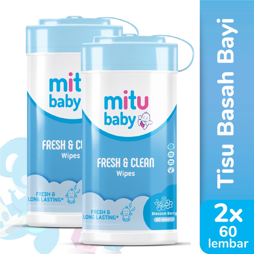 Mitu Baby Tisu Basah Fresh & Clean Blue Bottle 60'S x2 - Tisu Basah Bayi