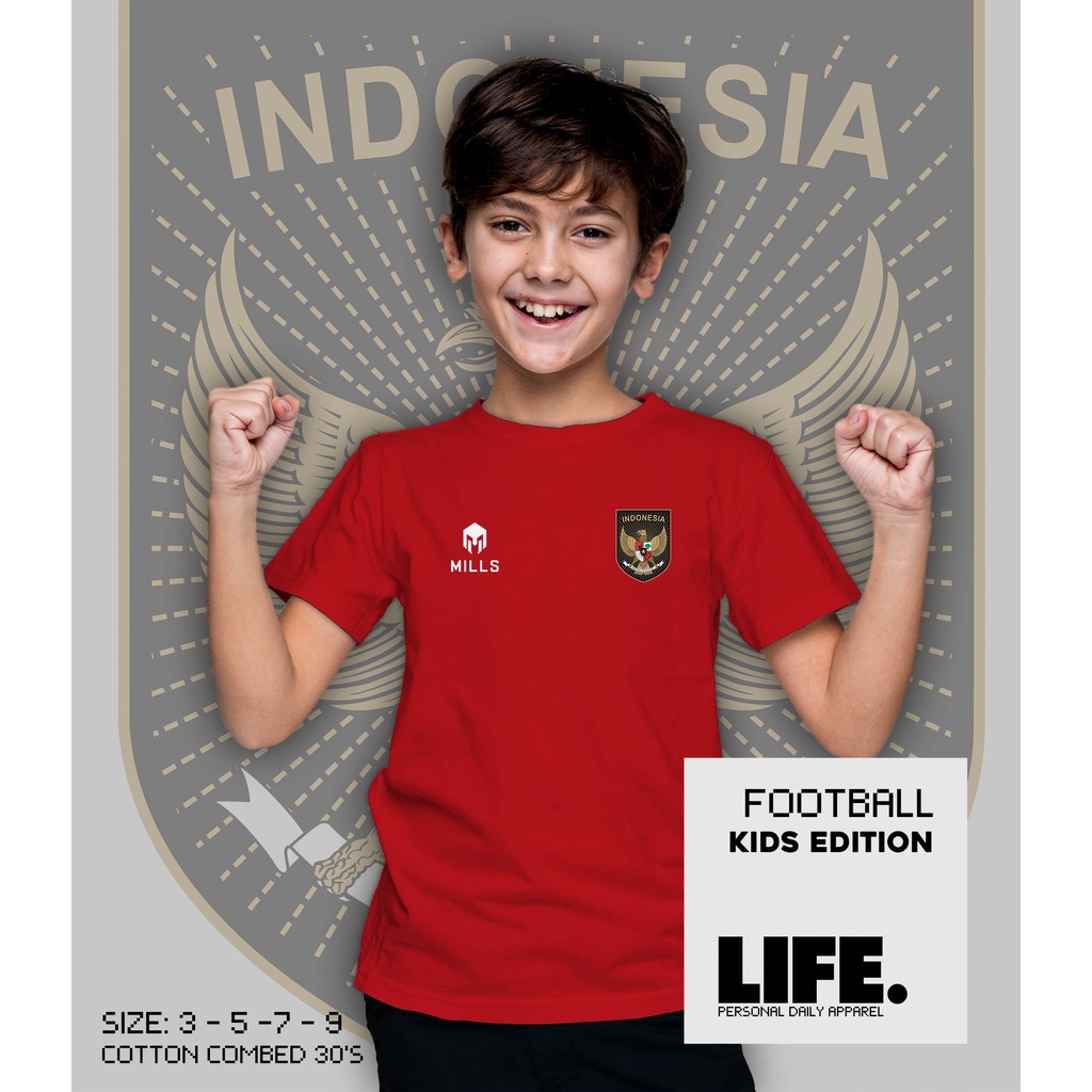Kaos Bola Timnas Indonesia Anak / Kids AFF Mills 2 Tahun - 9 Tahun Katun Combed 30s - Print DTF Kual