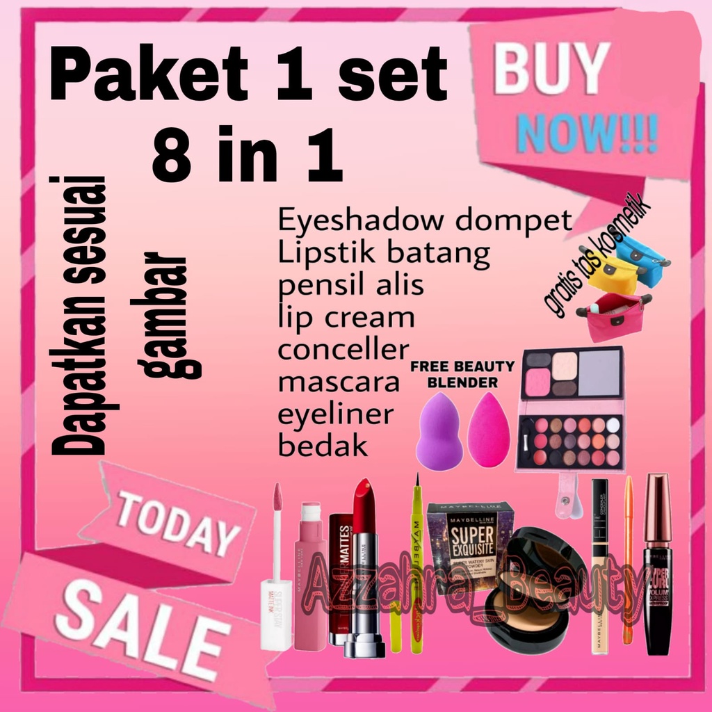 paket kosmetik kecantikan perawatan wajah lengkap maybeline murah Kosmetik Wanita Lengkap Murah 1 Set 6 In 1 - Bedak - conceller - eyeshadow dompet revlon - Maskara - Eyeliner - LipCream lipstik batang - Pensil Alis viva - Gratis Beauty Blender dan t