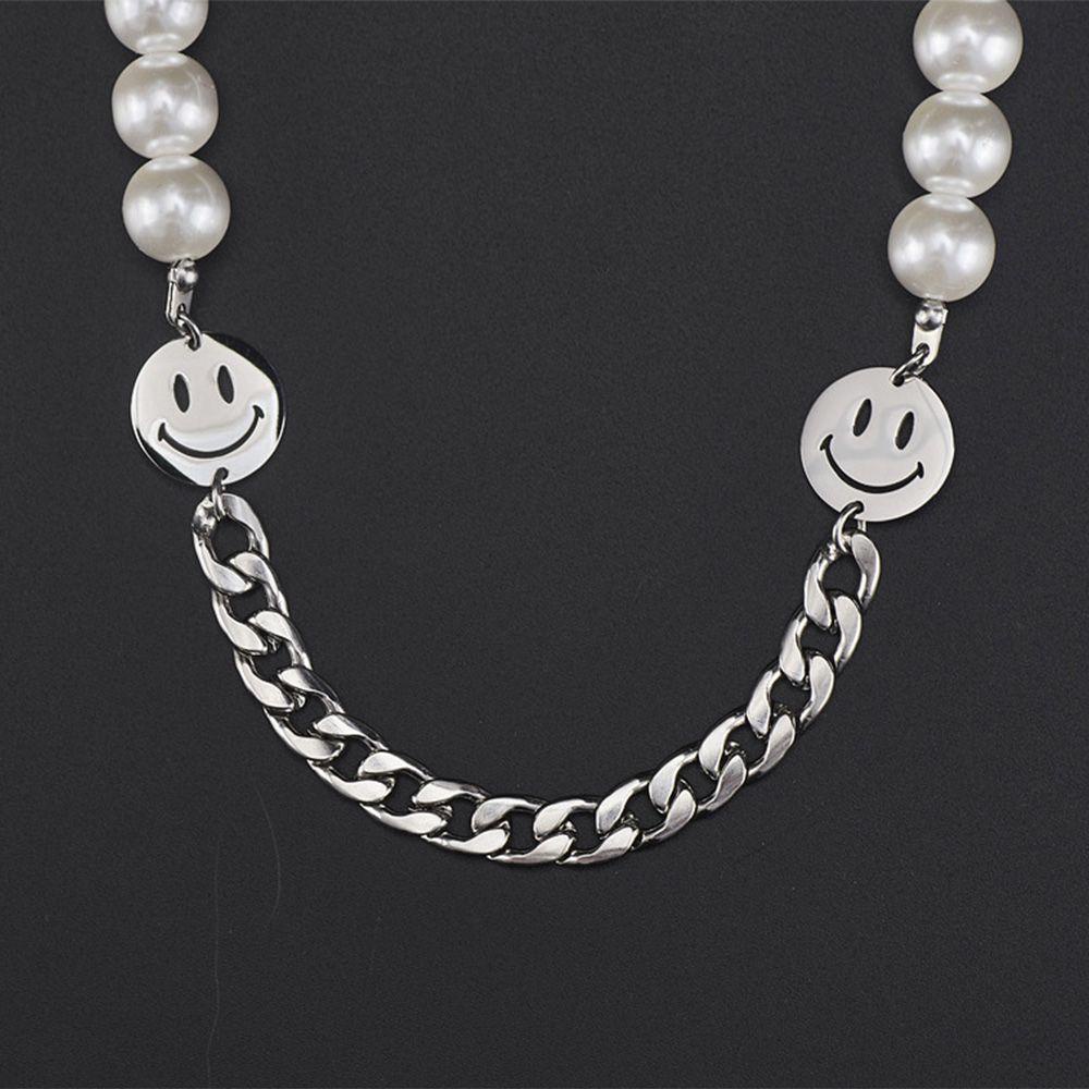 [Elegan] Splicing Mutiara Kalung Trendi Sederhana Wanita Smiley Face Hip-Hop Detak Sweater Rantai