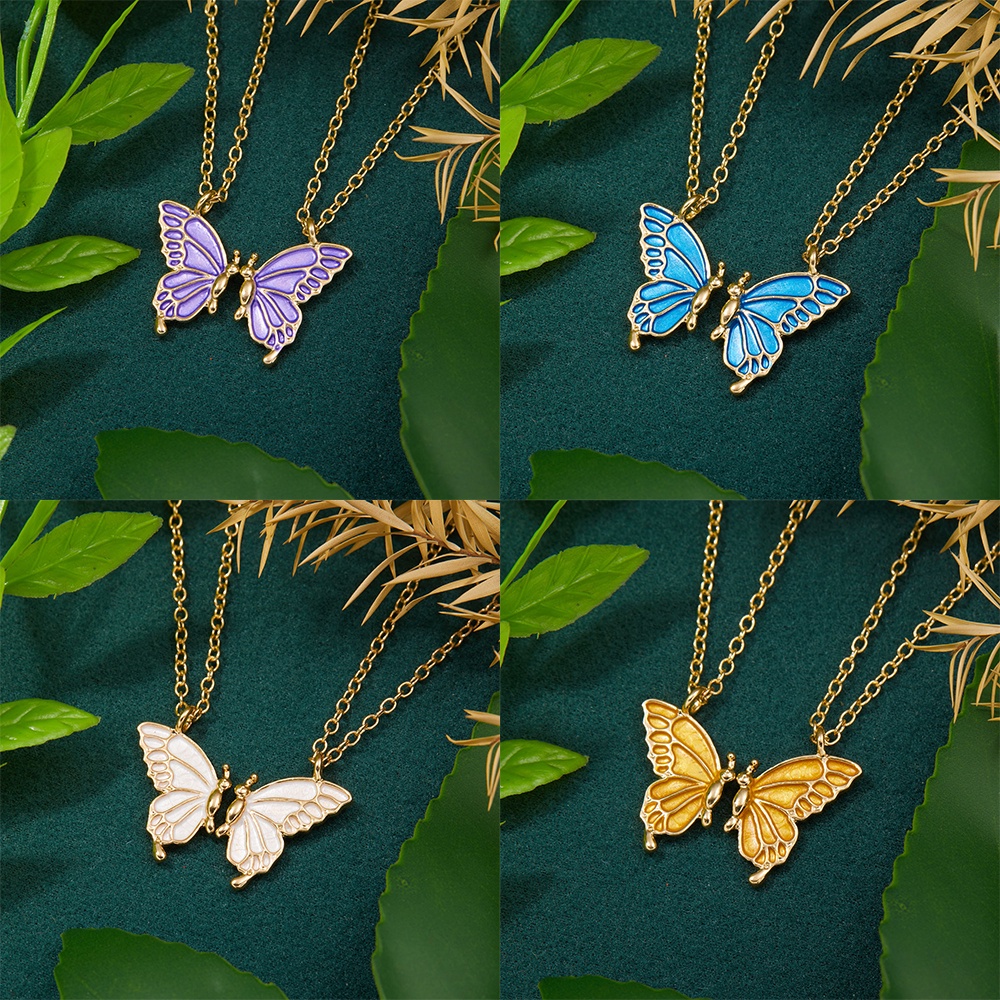AY(CN) Kalung Choker Rantai Ganda Liontin Kupu-Kupu Warna-Warni Untuk Aksesoris Perhiasan Wanita