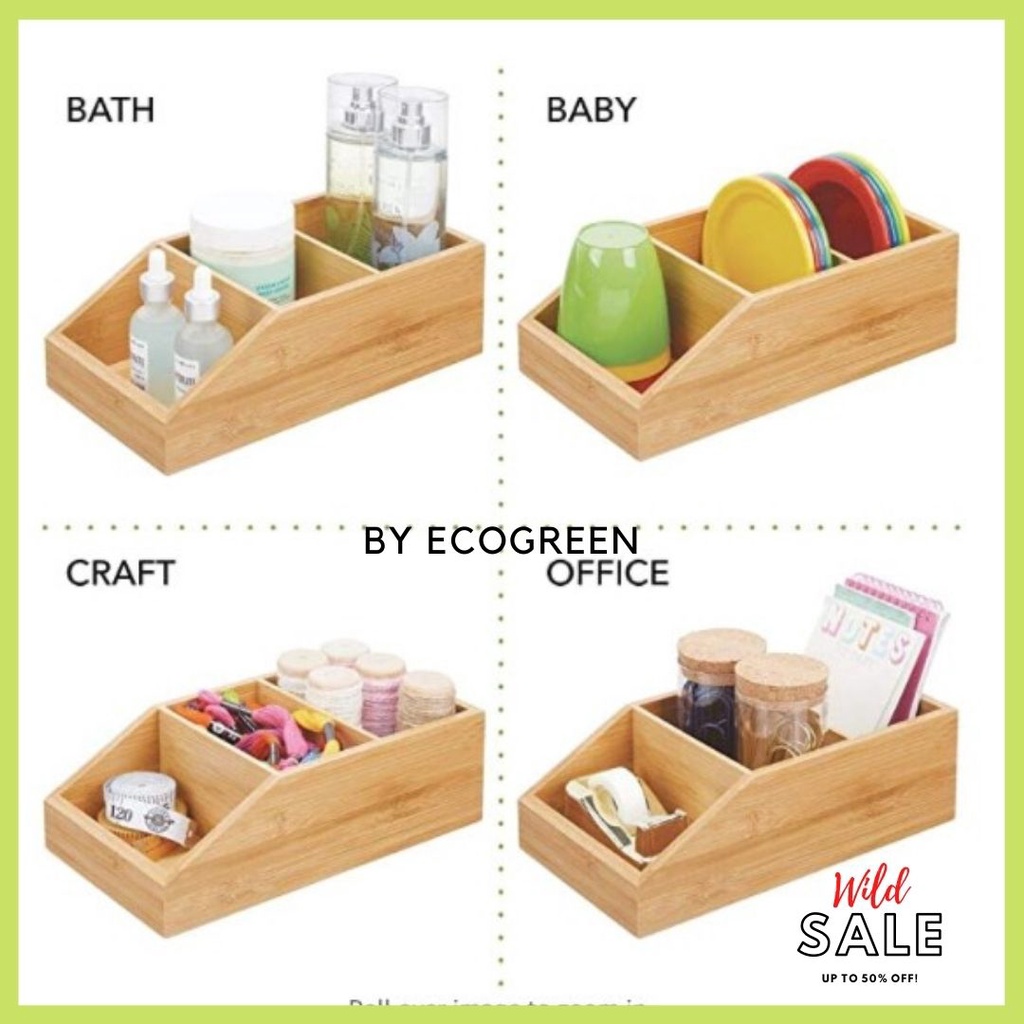 Wood Food Storage Bin with Divided 3 Compartments and Sloped Front for Kitchen Cabinet CODE W-012