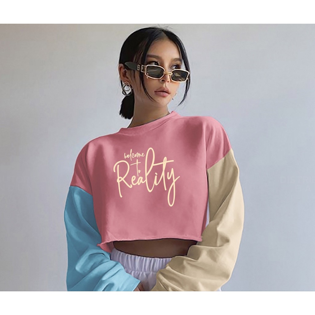 Sweater Crop Welcome To Reality | Korean Style Colorfull Sweatshirt | Pakaian Wanita | Bahan Babyterry Tebal Dan Lembut | Allsize