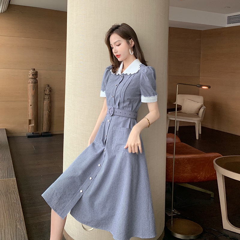 【Rozen】Short Sleeve Spliced Turn Down Collar Casual Dress  7333