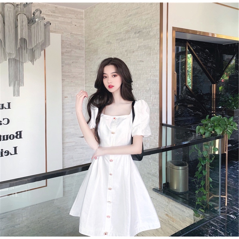 #Sisjuly# Dress Lengan Puff Niche Prancis Putih Wanita