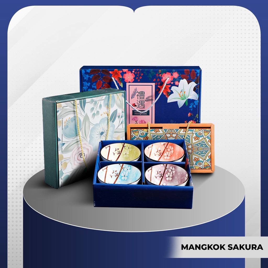 Set Mangkok Keramik Motif Bunga Sakura / Gift Set Box Mangkok Keramik Import Termurah