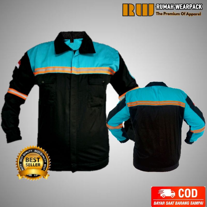 Baju Kerja/ Wearpack Kerja Atasan Hitam Kombinasi Biru Telur Bebek