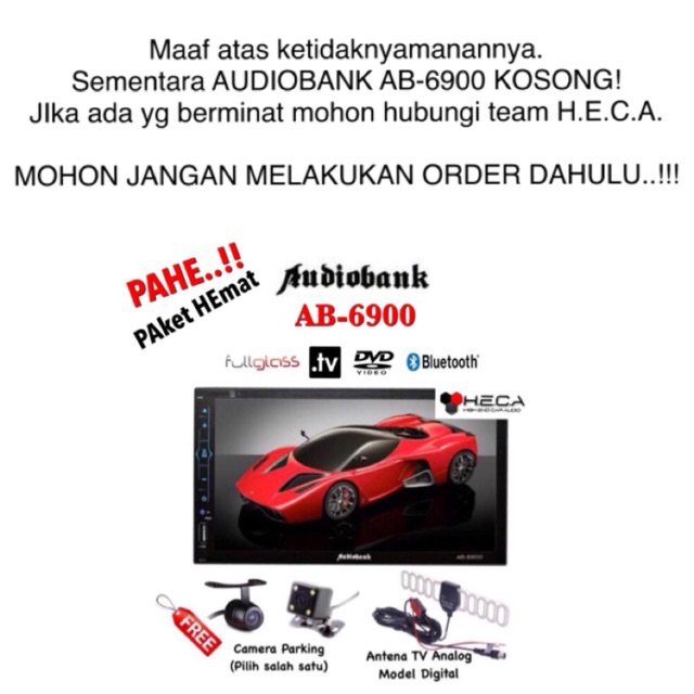 Paket Audio Mobil Audiobank AB-6900 Head Unit Double Din Tape + Antena TV + Kamera Mundur