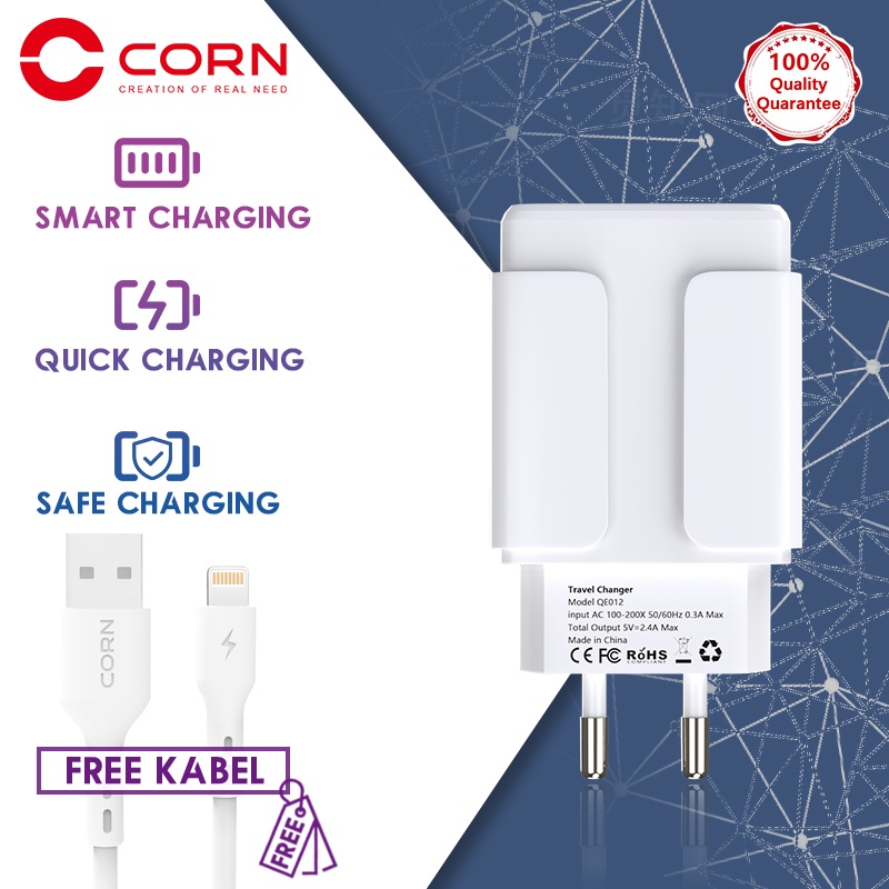 【Murah+COD】CORN QE012 2.4A Dual USB Charger Travel Adaptor Kabel 3A untuk Samsung Iphone vivo