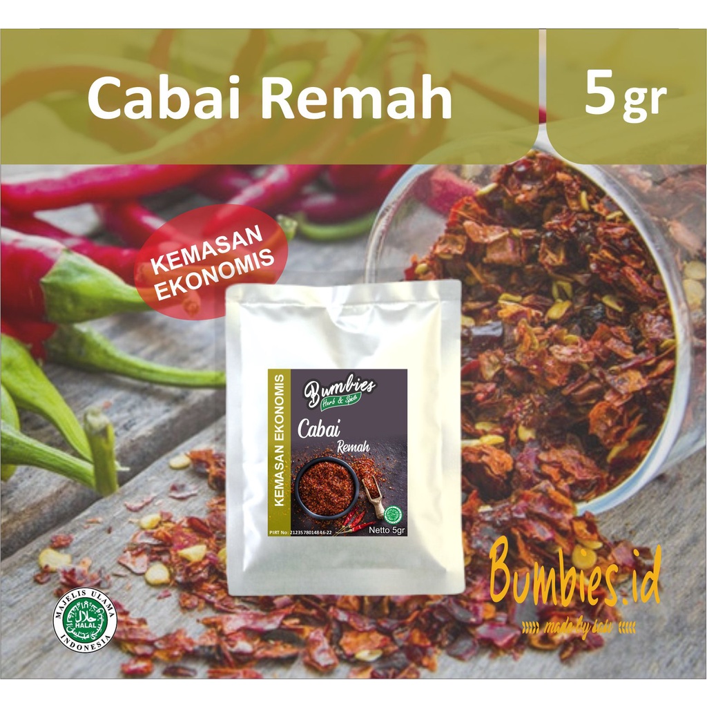 Cabai Remah 5 gram Bumbies Product kemasan ekonomis | chili Flake | Cabai Rawit | Cabai Kering | Bumbu Dapur Pedas | Bumbu Masakan Rempah