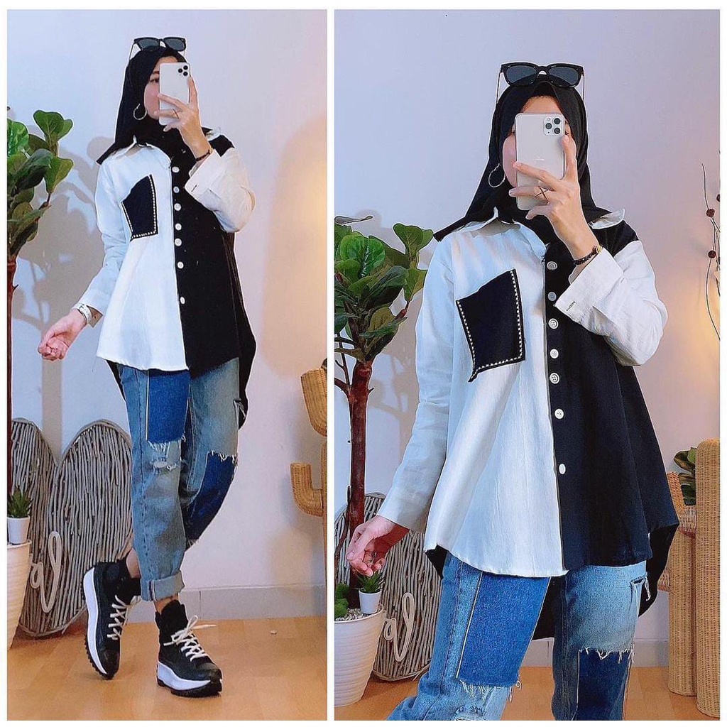 Atasan Kemeja katun linen import wanita kombinasi kantong saku warna hitam putih