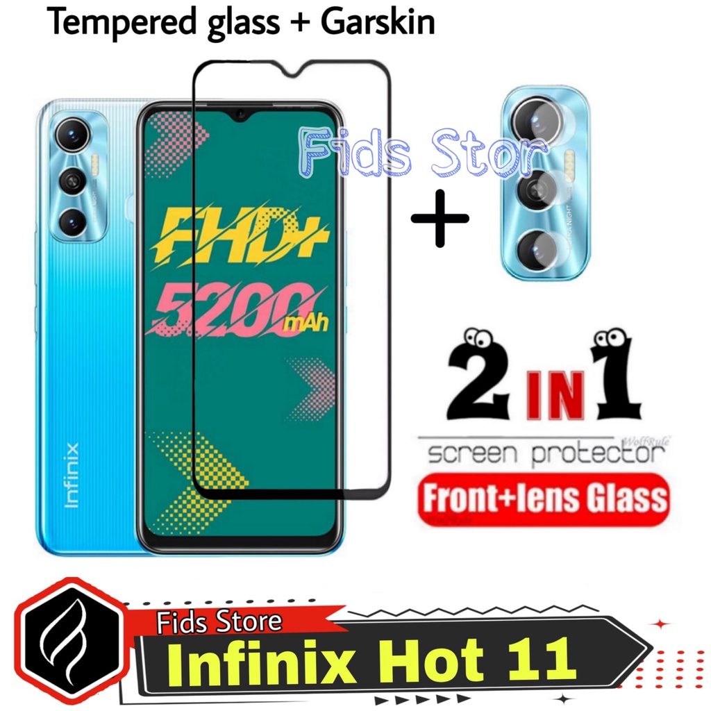 PROMO 2in1 Tempered Glass INFINIX HOT 11 Full Layar kaca List Hitam Free Camera Glass