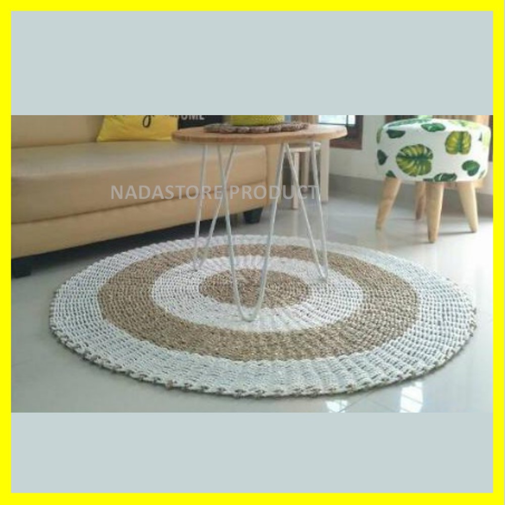 Rug Seagrass 120 cm Motif Putih Natural Kombinasi / Tikar / Karpet bulat anyaman