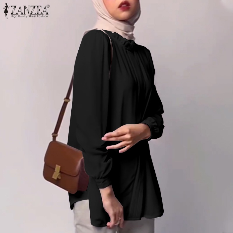 ZANZEA Retro Women Tops Blouse Muslim Solid Full Sleeve O Neck Casual Loose Holiday Office Shirt