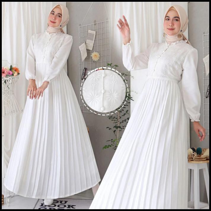 Gamis Ciara | Gamis Wanita Terbaru | Gamis Putih |Gamis Rok Plisket +