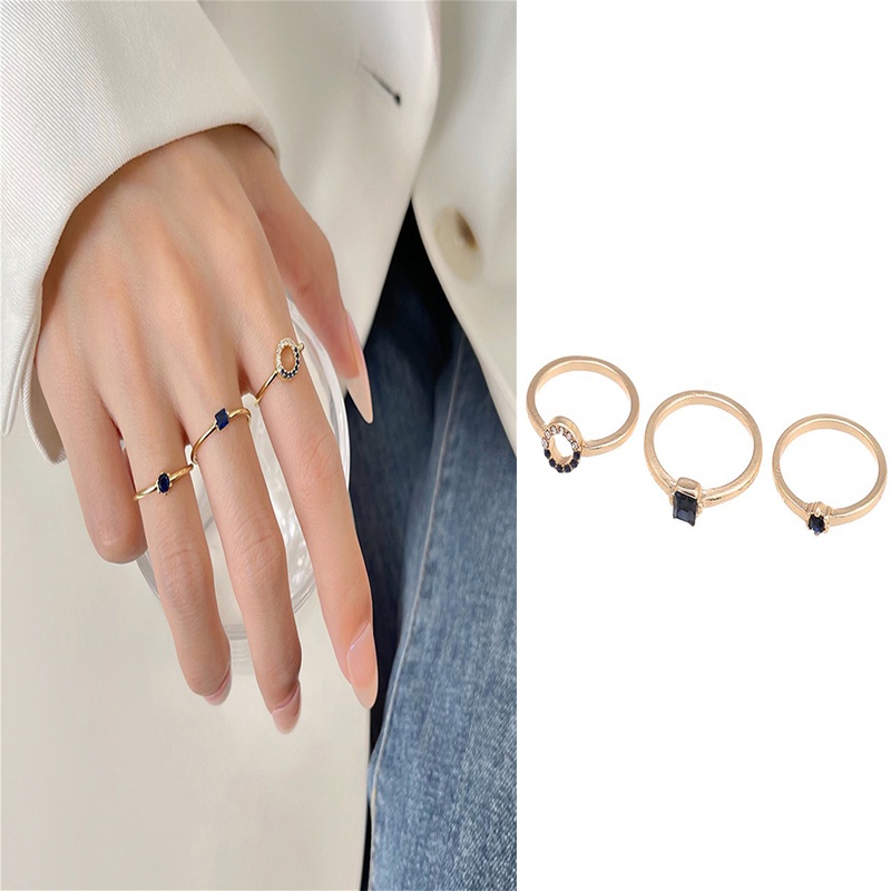 3 Pcs/set Ins Cincin Baja Tahan Karat bertatahkan Berlian | Set Kombinasi Fashion Gadis Cahaya Mewah High Sense