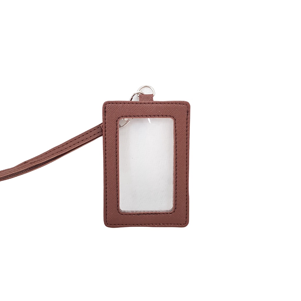 

ID Flashee Card Kulit Dua Sisi Transparan Plastik Name Tag Mika Cokelat Tua ID Card Lanyard Termurah PU Leather