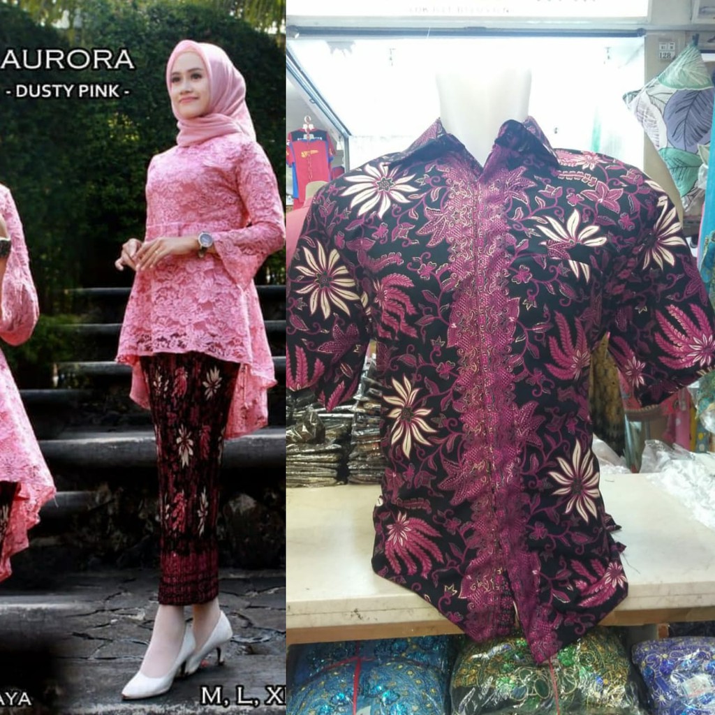 Couple Set Kebaya Brukat Aurora Hem Batik Lengan Pendek Trendy