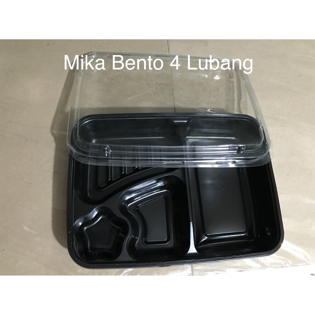 Mika Bento Hitam LUX 4 sekat / tray bento / mika bento + tutup bening transparan