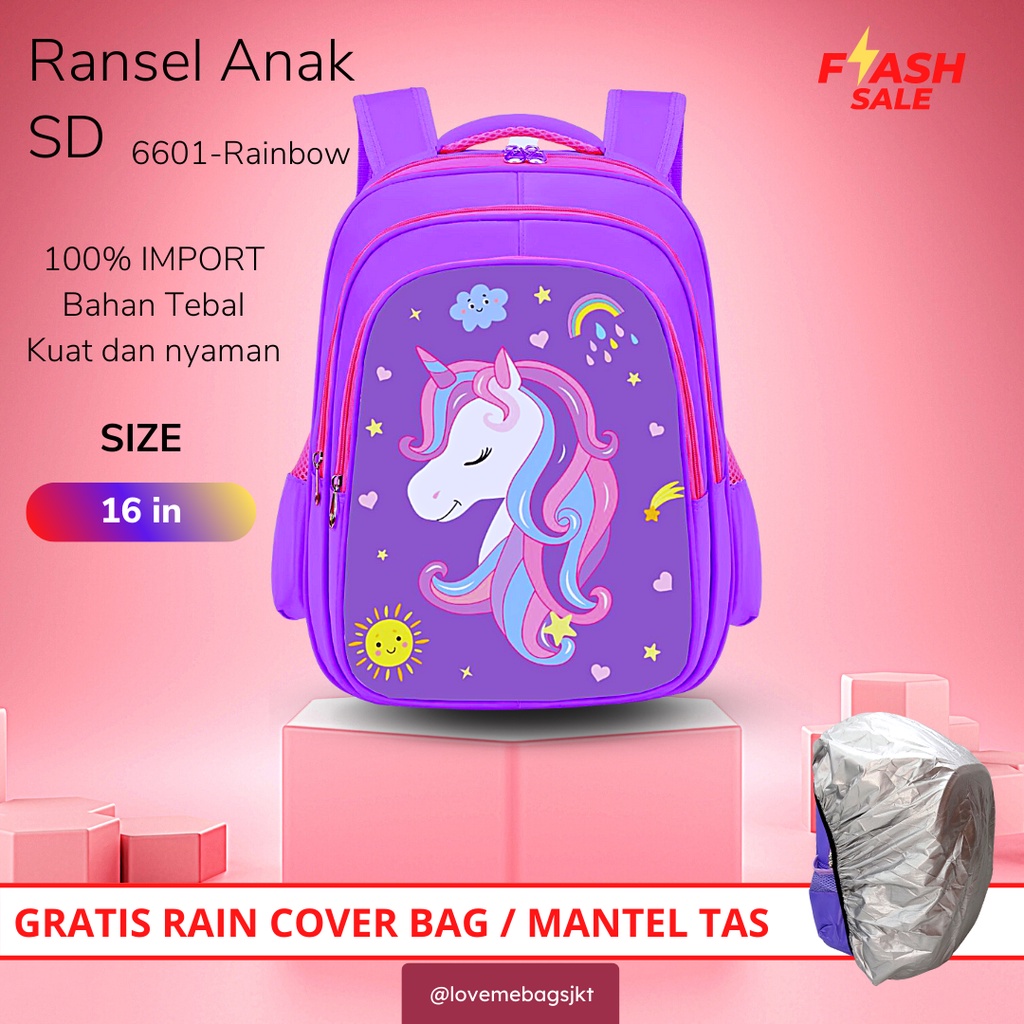 LMB Tas Anak Sekolah Perempuan SD Import Gambar Karakter Unicorn Ukuran Besar Timbul 6D Tebal dan Kuat Viral Bahan Nilon Premium