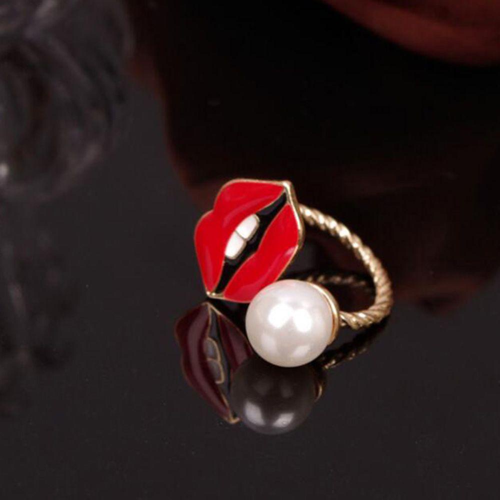 Mxbeauty Cincin Knuckle Adjustable Desain Gigi Bibir Merah Hias Mutiara Untuk Wanita