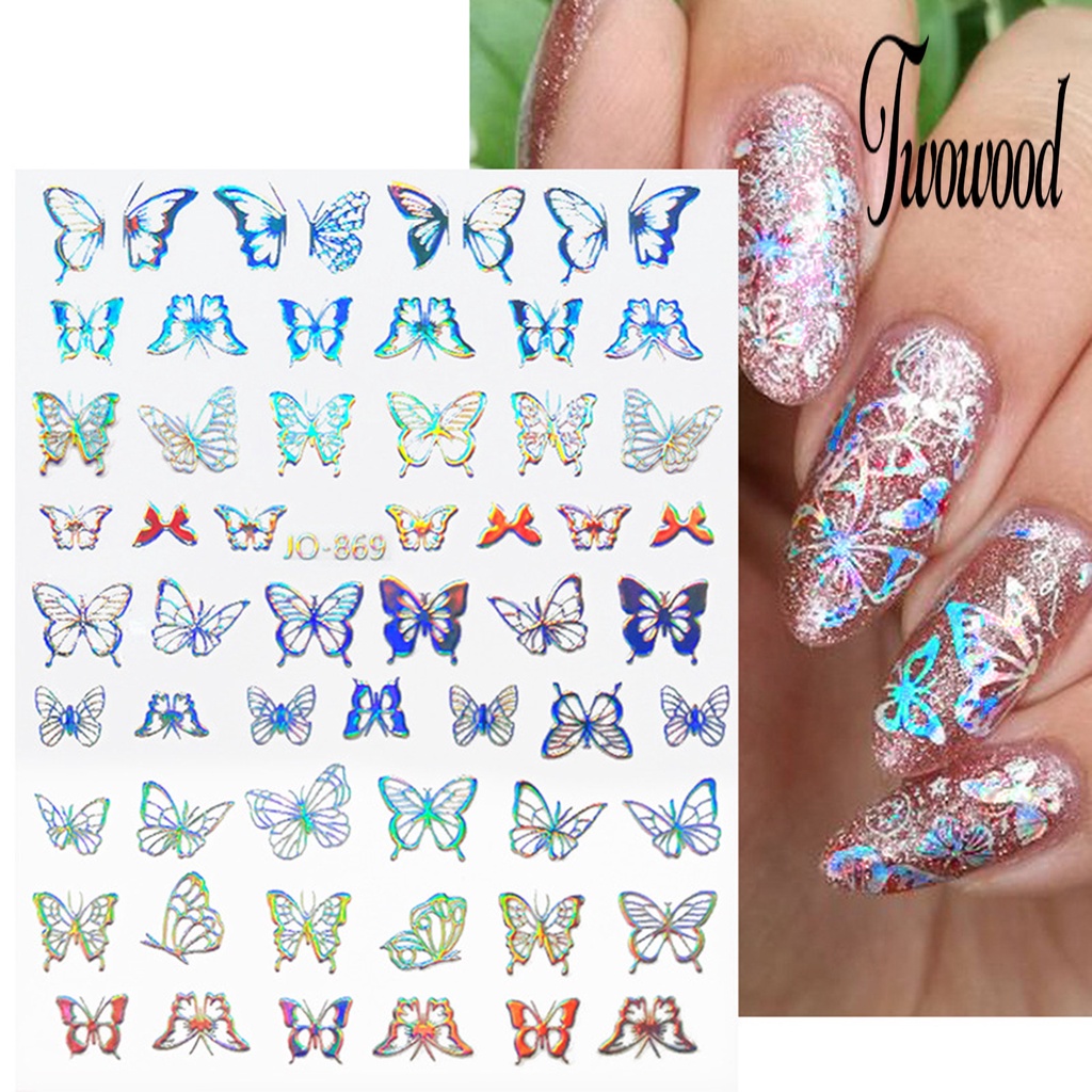 Twowood Stiker Kuku Tahan Air Motif Bunga / Kupu-Kupu / Hati Untuk Nail Art DIY