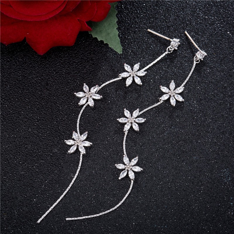 Anting Silver Perak S925 Wanita Fashion Murah AAS002 motif bunga panjang bawah juntai cocok pesta