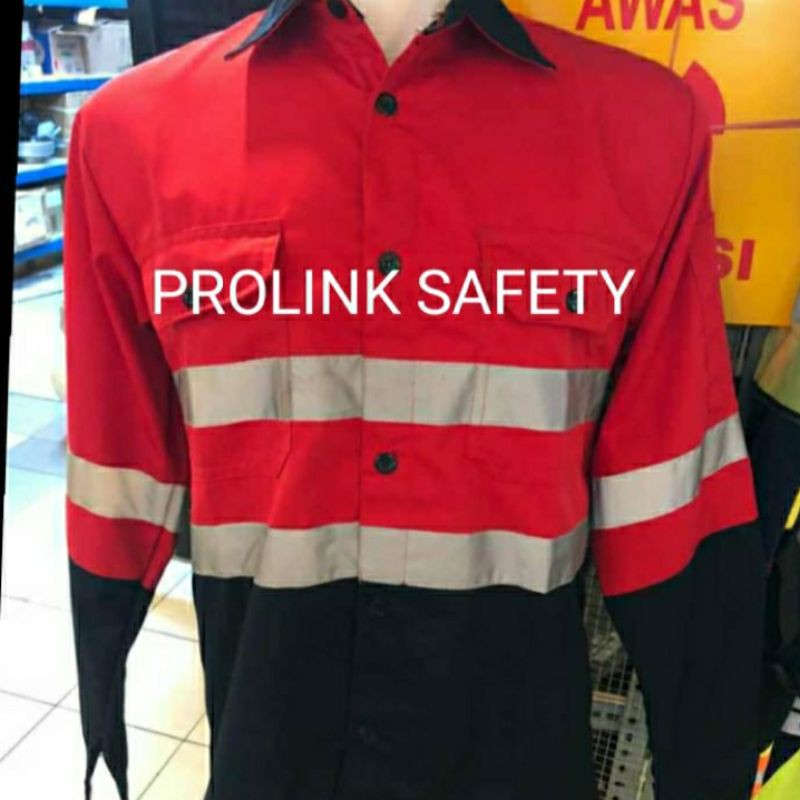 SERAGAM SAFETY FREE LOGO K3 BENDERA KAIN DRILL MERAH KOMBINASI DONGKER KANCING