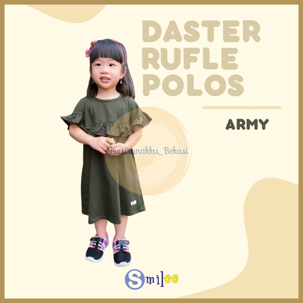 Daster Anak Rufel Polos Smilee Warna Hijau Army size 1-5tahun