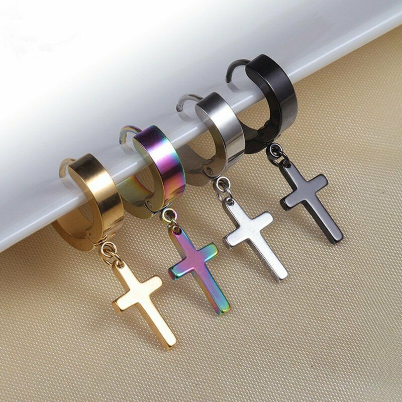 1pc Anting Stud Drop Dangle Tassel Cross Bahan Stainless Steel Untuk Pria