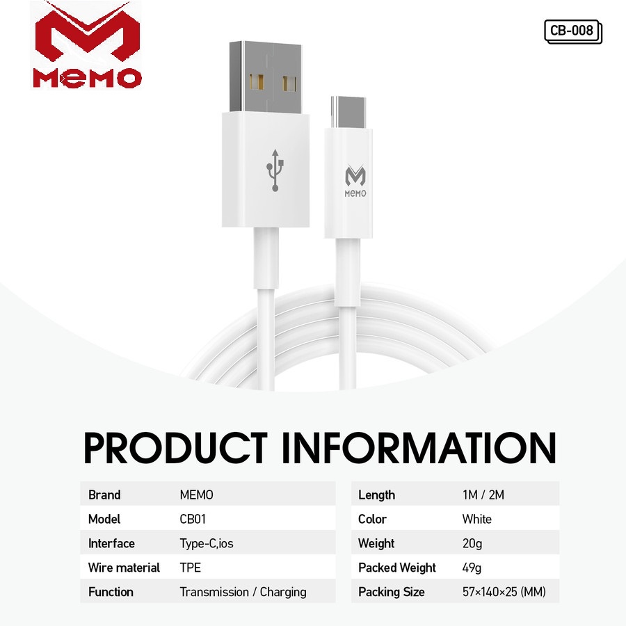 Original MEMO CB01 Android / IOS High Speed Transmission Data Cable 1 Meter Length for Type C / Lighting