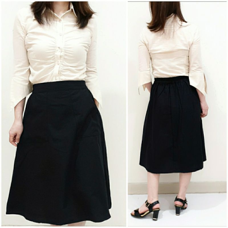 Rok Wanita Midi Skirt Katun Polos Model A Line Panjang 7/8, Alena Skirt#-4