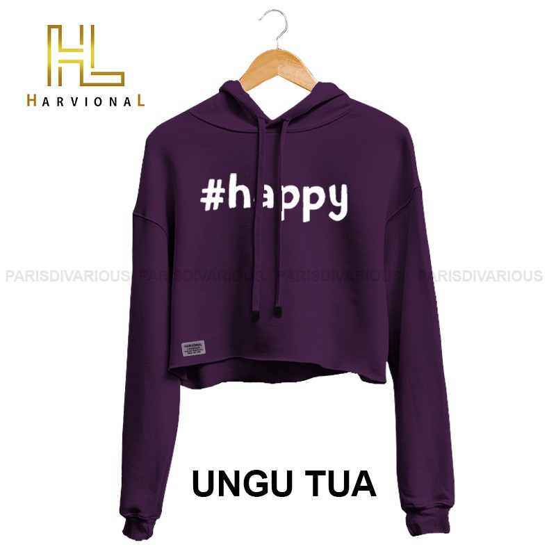 SWEATER CROP HOODIE HAPPY BAHAN FRENCHTERRY TERLARIS