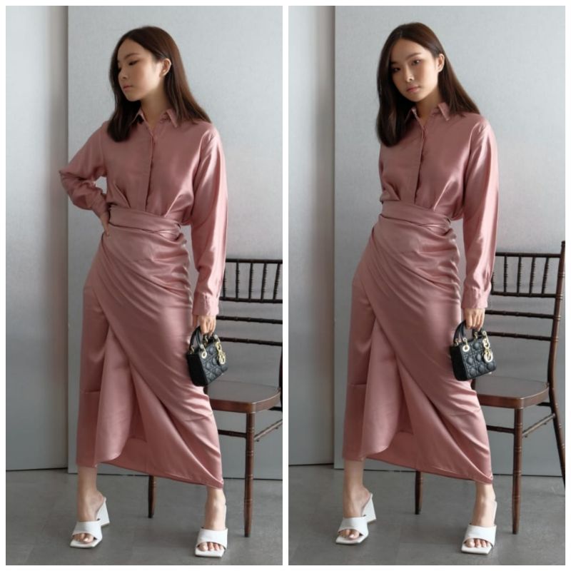 ❣️SPECIAL PRICE ♡ PREMIUM ♡ ORIGINAL ! CHRISTLE 2 IN 1 SET LONG SLEEVE COLLAR BUTTON WRAP MAXI  GAMIS / SETELAN KEMEJA &amp; ROK LILIT ( BUSUI &amp; HIJAB FRIENDLY )