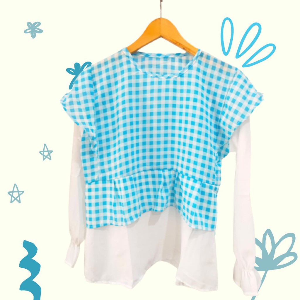 Tiara gingham top kombinasi / 2tone gingham shirt / atasan wanita cantik