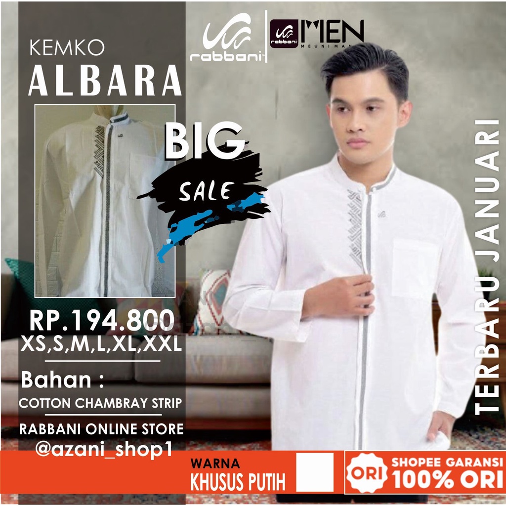 KOKO KEMKO RABBANI PUTIH ALBARA | Koko Lengan Pendek Rabani Atasan Pria Ori Kemeja Koko Lengan Panja