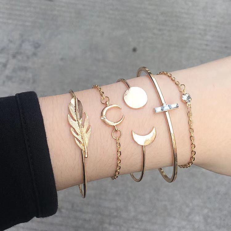 5 Pcs/ Set Gelang Retro Geometry Jewelry Women Adjustable Bracelet Set Charm Gift