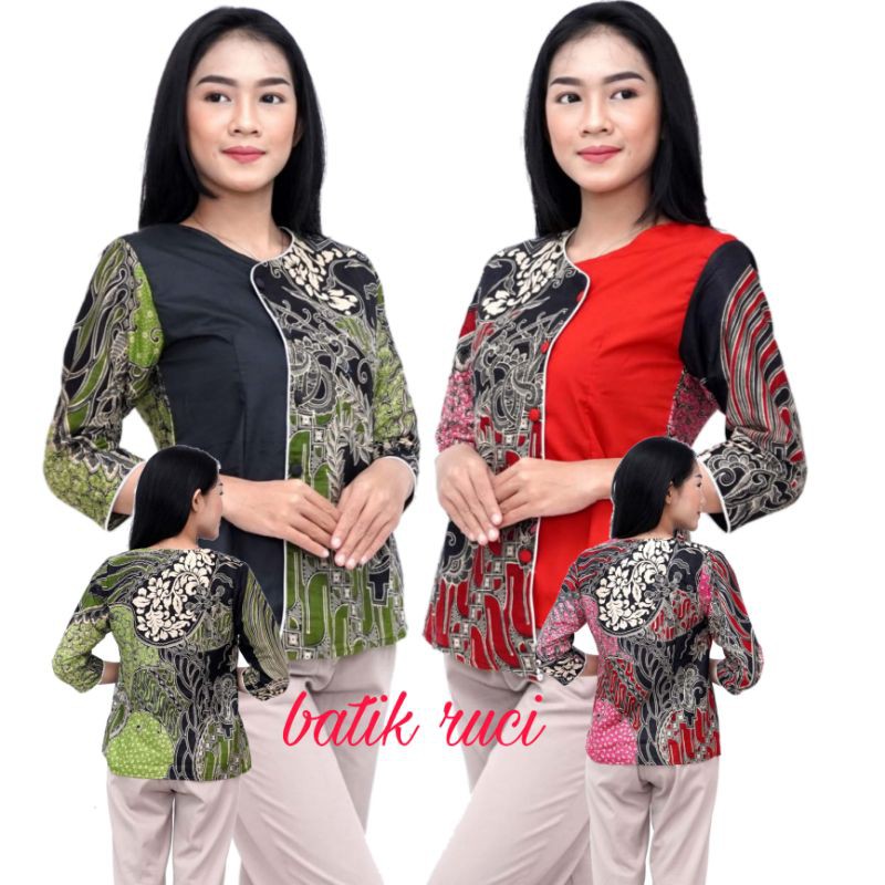 Batik atasan wanita blouse batik modern kombinasi hitam merah, hitam hijau Lengan 7/8