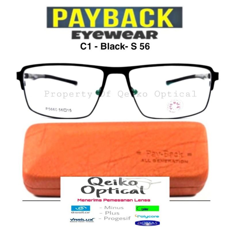 Kacamata Frame Pria Titanium Metal Payback C1-S 59 Original Black - Size Lebar