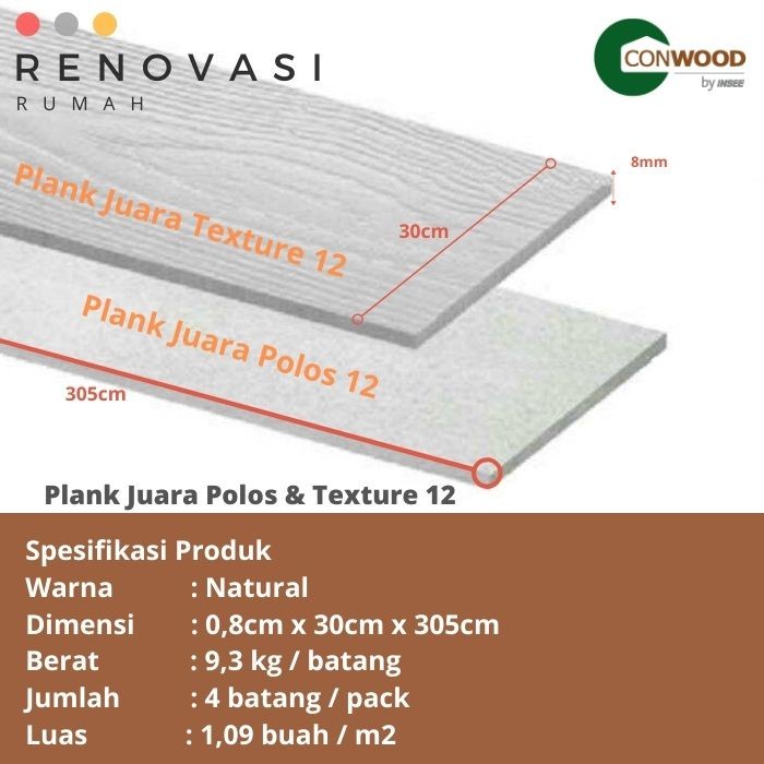 Conwood Murah Plank Juara 12" POLOS / Dinding pengganti kayu Murah
