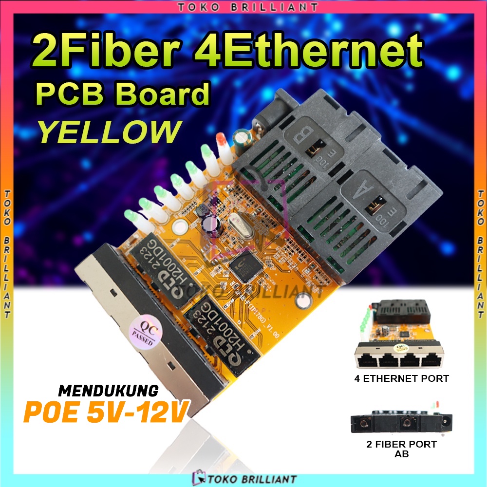 【Support POE】 2F4E Yellow PCBA  5V-12V Power input 2 Port FO - 4 Port LAN Tanpa BOX