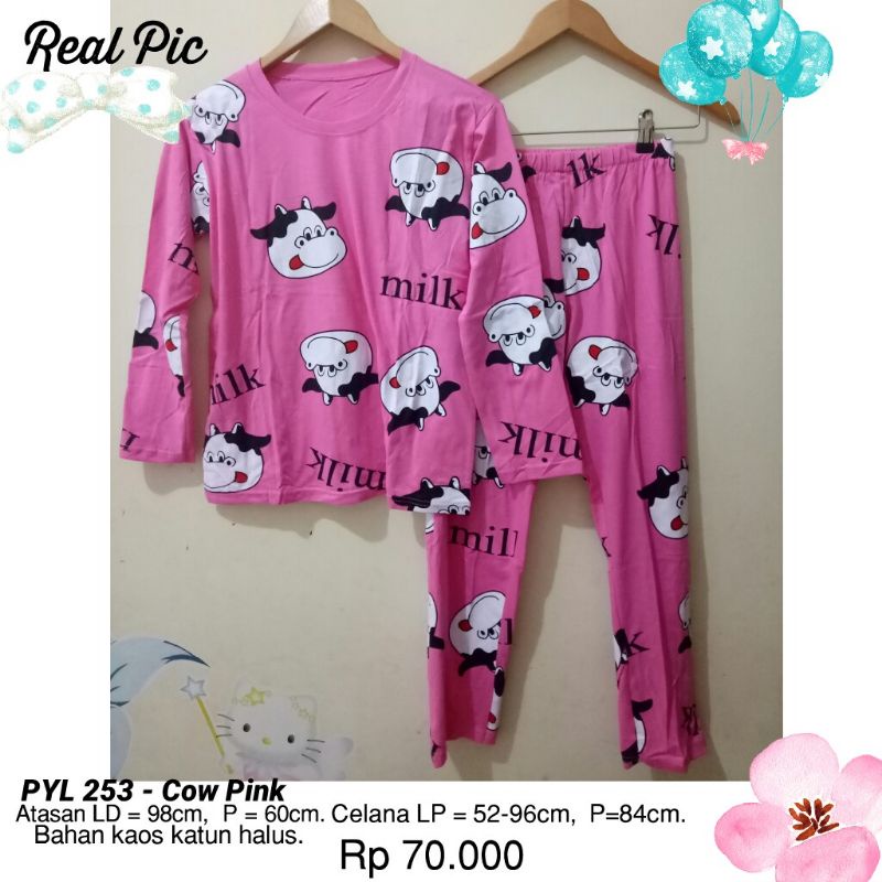 PIYAMA HELLO KITTY MOUSTACHE PANJANG, SLEEPWEAR, BAJU TIDUR WANITA KAOS KATUN