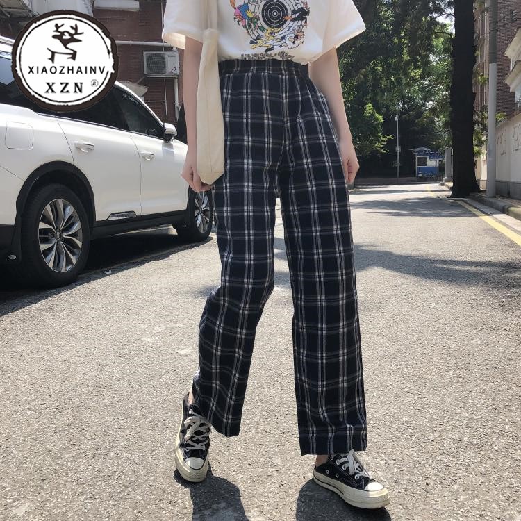 Xiaozhainv Celana leg kotak kotak retro Pinggang Tinggi Xiaozhainv Celana leg kotak kotak retro Pinggang Tinggi